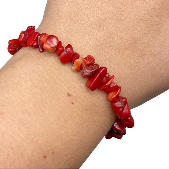Red Coral Branch Stick Gemstone Chips Beaded Stretch Bracelet Natural Stone - Picture 2 of 3